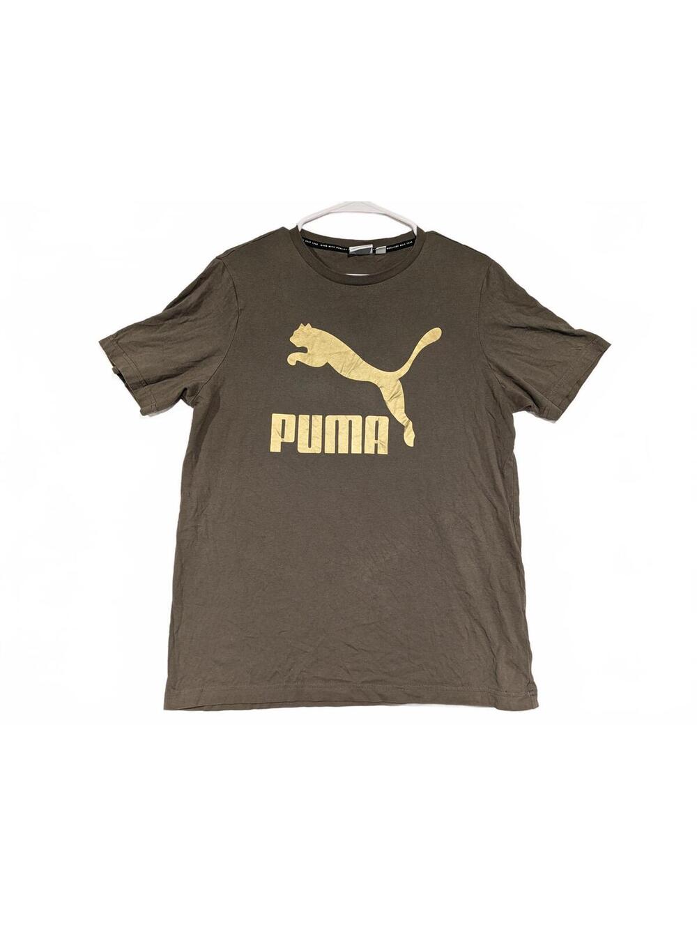 Puma Olive Green Logo Graphic Short Sleeve Casual T-Shirt Mens Medium